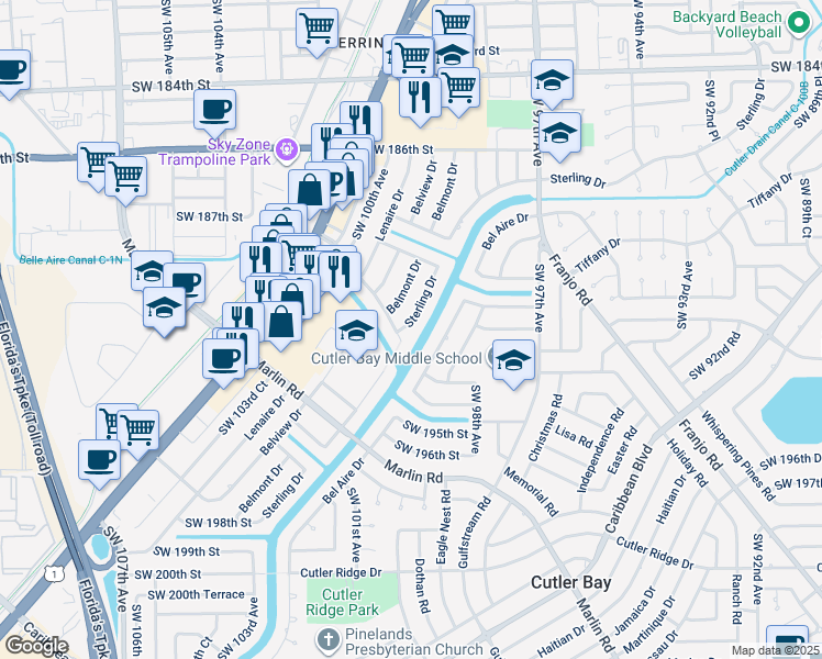 map of restaurants, bars, coffee shops, grocery stores, and more near 19030 Sterling Drive in Cutler Bay