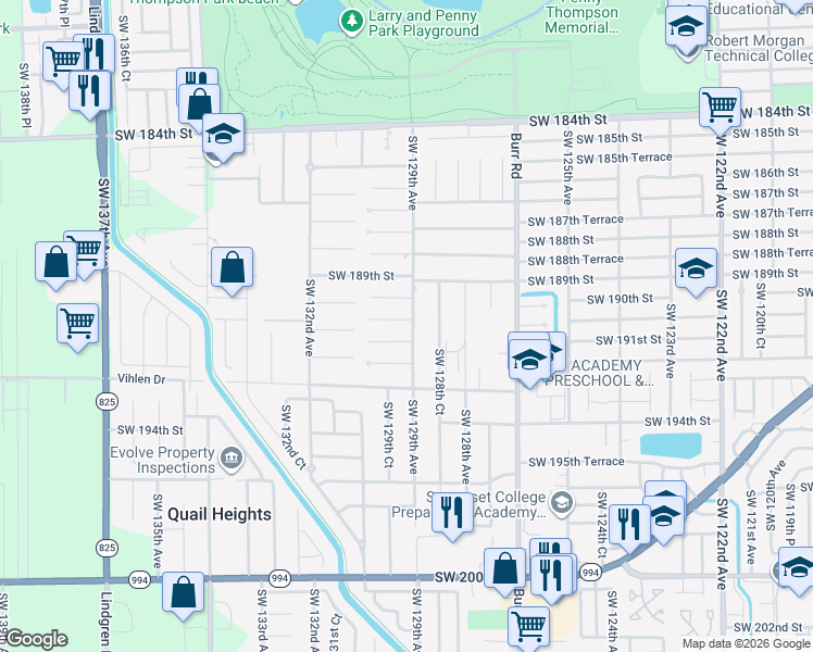 map of restaurants, bars, coffee shops, grocery stores, and more near 12900 Southwest 190th Terrace in Miami