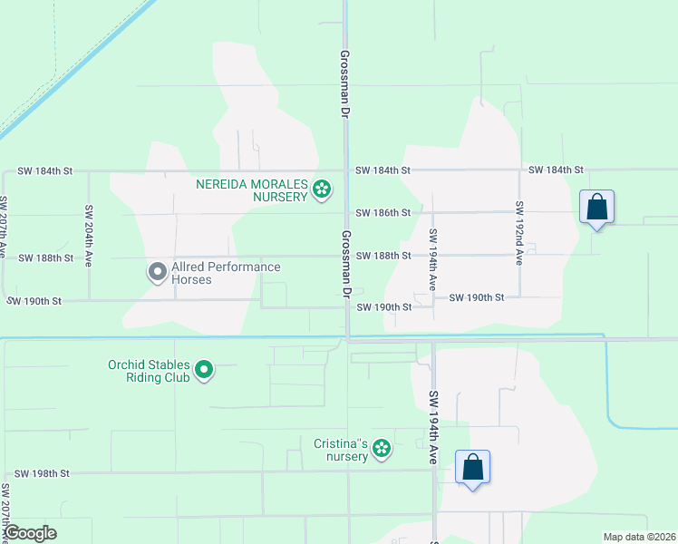 map of restaurants, bars, coffee shops, grocery stores, and more near 18850 Grossman Drive in Miami