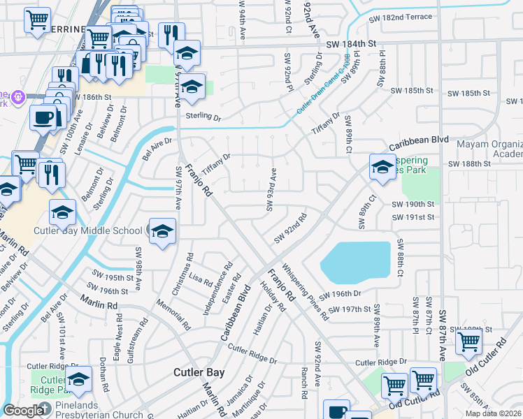 map of restaurants, bars, coffee shops, grocery stores, and more near 9360 Southwest 192nd Drive in Cutler Bay