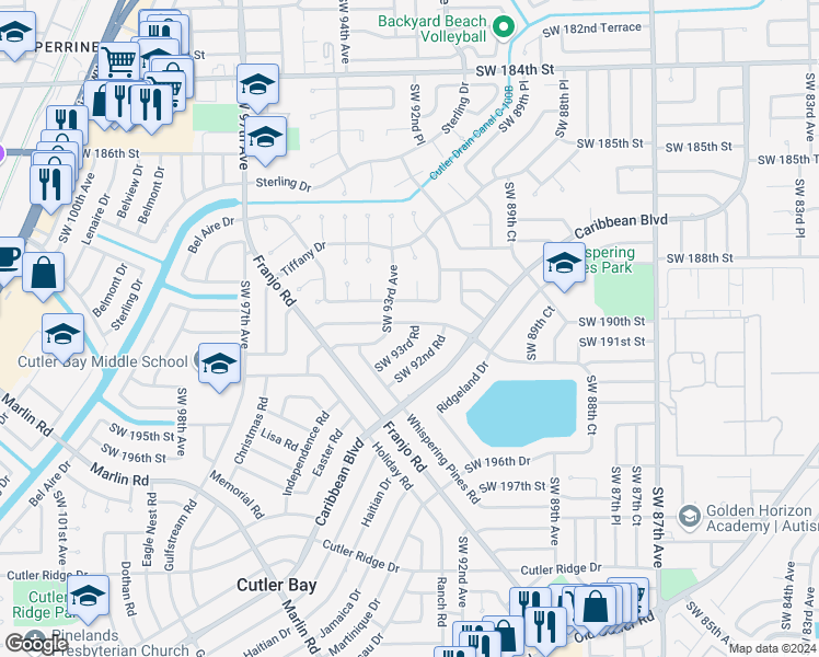 map of restaurants, bars, coffee shops, grocery stores, and more near 9300 Southwest 192nd Drive in Cutler Bay