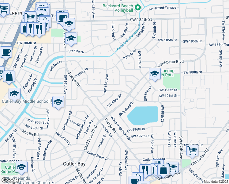 map of restaurants, bars, coffee shops, grocery stores, and more near 9300 Southwest 192nd Drive in Cutler Bay