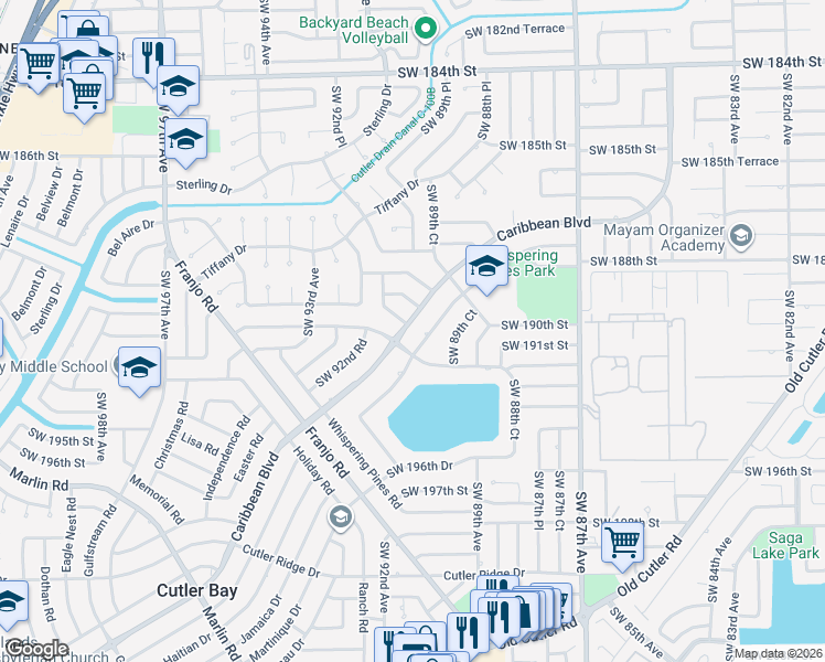 map of restaurants, bars, coffee shops, grocery stores, and more near 9040 Caribbean Boulevard in Cutler Bay