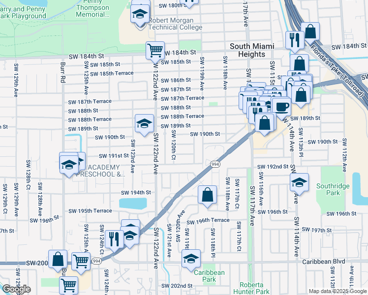 map of restaurants, bars, coffee shops, grocery stores, and more near 12000 Southwest 190th Terrace in Miami