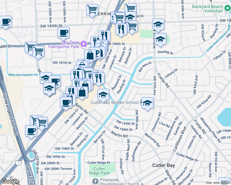 map of restaurants, bars, coffee shops, grocery stores, and more near 19030 Sterling Drive in Cutler Bay