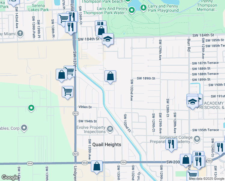 map of restaurants, bars, coffee shops, grocery stores, and more near 13291 Southwest 192nd Street in Miami