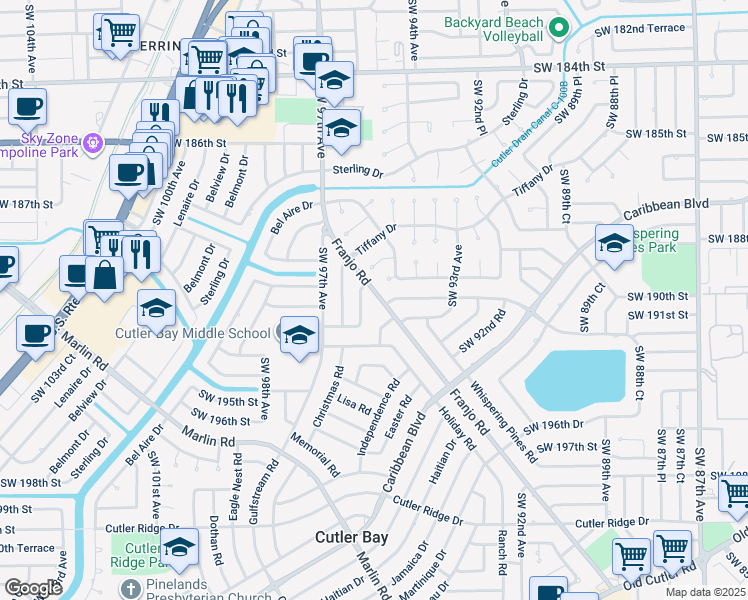 map of restaurants, bars, coffee shops, grocery stores, and more near 19000 Franjo Road in Cutler Bay