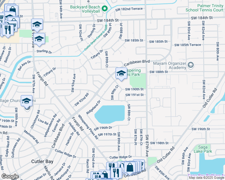 map of restaurants, bars, coffee shops, grocery stores, and more near 19010 Southwest 89th Court in Cutler Bay