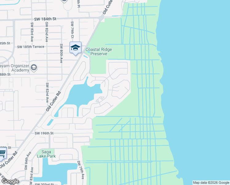 map of restaurants, bars, coffee shops, grocery stores, and more near 7580 Southwest 190th Street in Cutler Bay