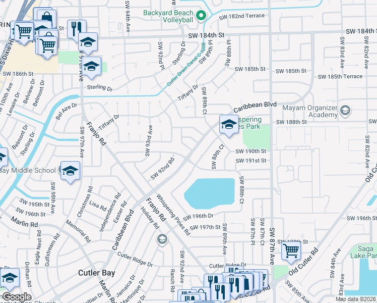 map of restaurants, bars, coffee shops, grocery stores, and more near 9040 Caribbean Boulevard in Cutler Bay