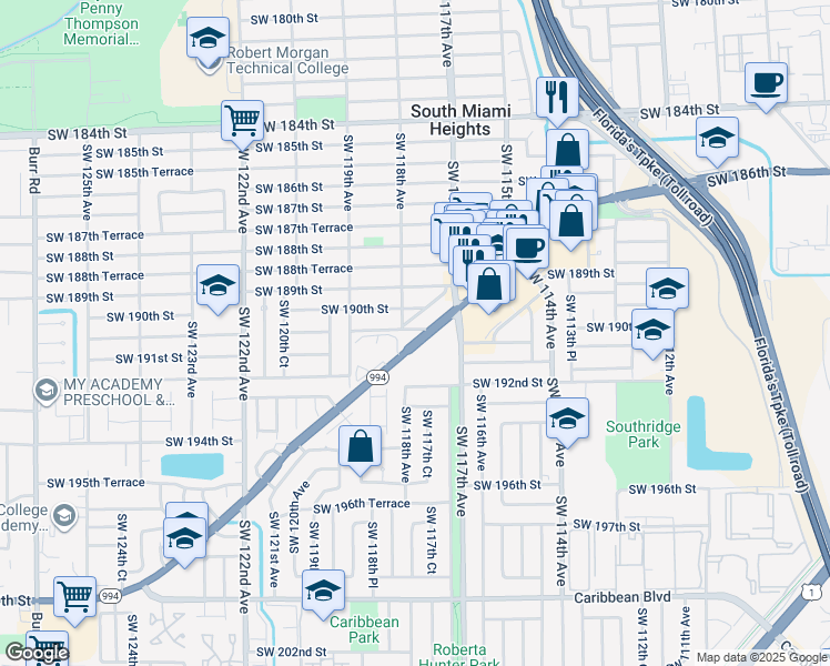 map of restaurants, bars, coffee shops, grocery stores, and more near 11740 Southwest 190th Terrace in Miami
