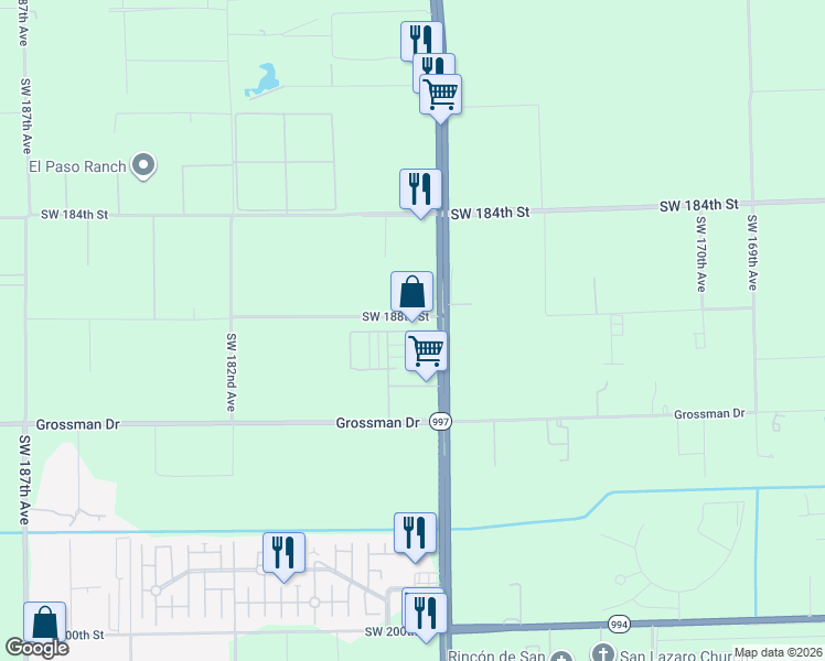 map of restaurants, bars, coffee shops, grocery stores, and more near 18800 Southwest 177th Avenue in Miami
