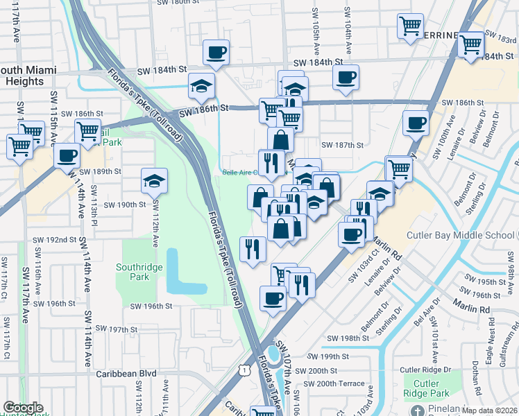 map of restaurants, bars, coffee shops, grocery stores, and more near 10776 SW 190th St in Miami