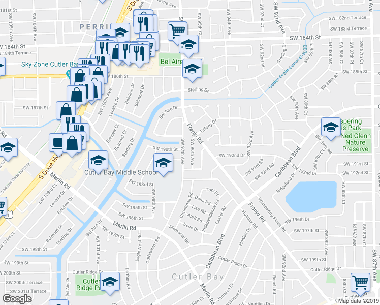 map of restaurants, bars, coffee shops, grocery stores, and more near 19020 Southwest 96th Avenue in Cutler Bay