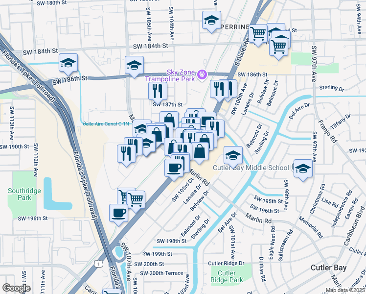 map of restaurants, bars, coffee shops, grocery stores, and more near 18926 South Dixie Highway in Cutler Bay
