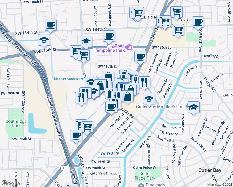 map of restaurants, bars, coffee shops, grocery stores, and more near 18926 South Dixie Highway in Cutler Bay