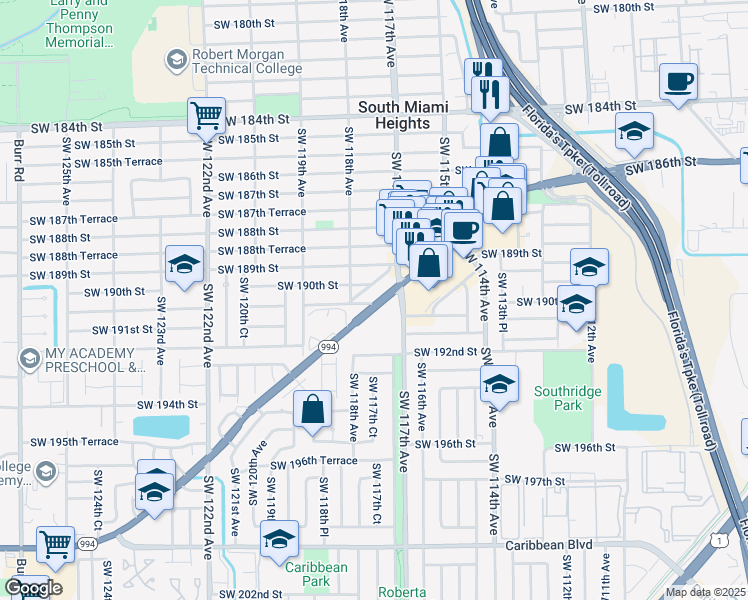 map of restaurants, bars, coffee shops, grocery stores, and more near 11740 Southwest 190th Terrace in Miami