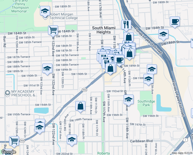 map of restaurants, bars, coffee shops, grocery stores, and more near 11740 Southwest 190th Terrace in Miami