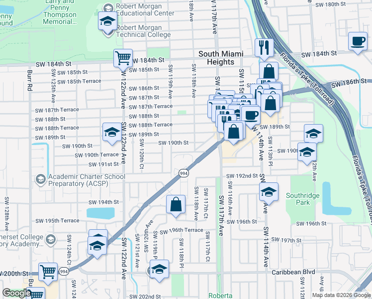 map of restaurants, bars, coffee shops, grocery stores, and more near 11855 Quail Roost Drive in Miami