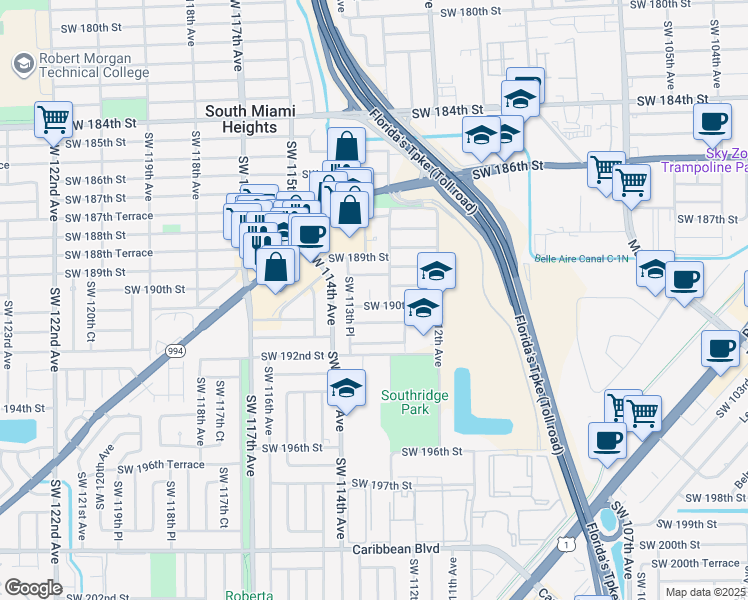 map of restaurants, bars, coffee shops, grocery stores, and more near 11351-53 Southwest 190th Street in Miami
