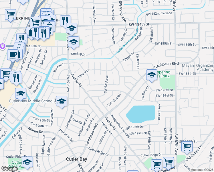 map of restaurants, bars, coffee shops, grocery stores, and more near 9360 Southwest 192nd Drive in Cutler Bay