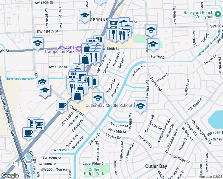 map of restaurants, bars, coffee shops, grocery stores, and more near 18830 Belmont Drive in Cutler Bay