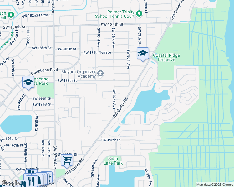 map of restaurants, bars, coffee shops, grocery stores, and more near 8180 Southwest 189th Street in Cutler Bay