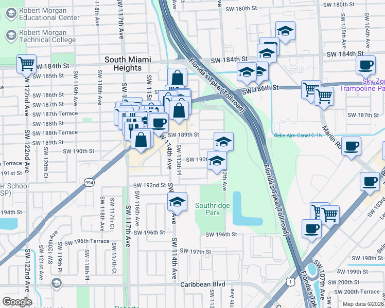 map of restaurants, bars, coffee shops, grocery stores, and more near 11275 Southwest 189th Lane in Miami