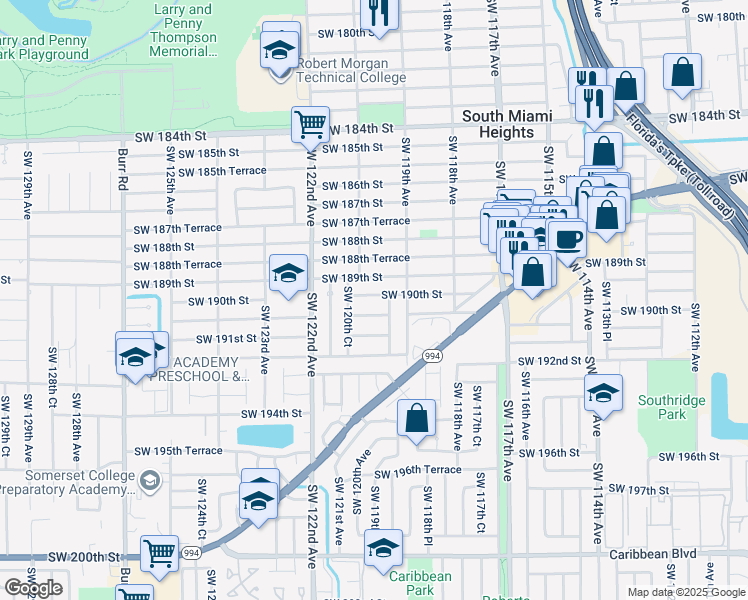 map of restaurants, bars, coffee shops, grocery stores, and more near 11980 Southwest 189th Street in Miami