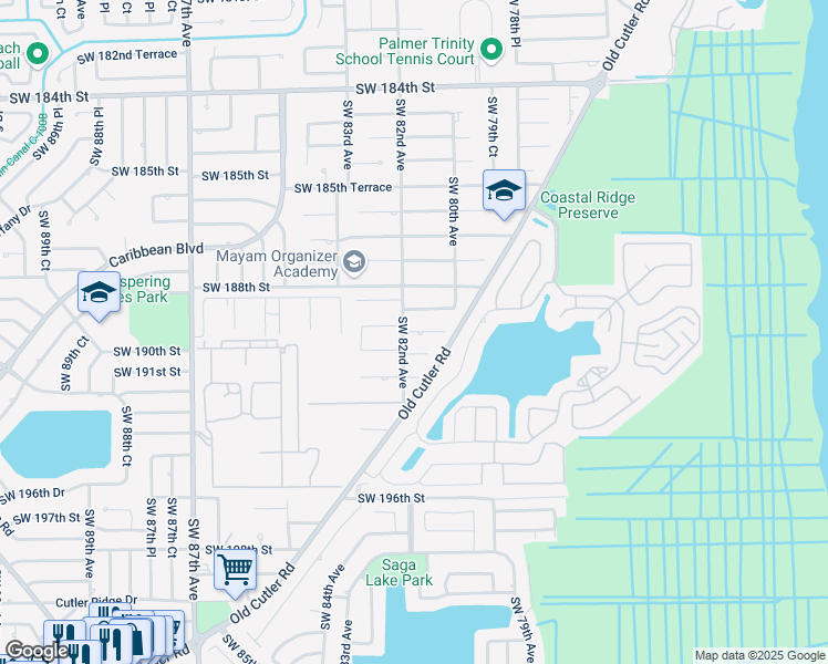 map of restaurants, bars, coffee shops, grocery stores, and more near 8180 Southwest 189th Street in Cutler Bay