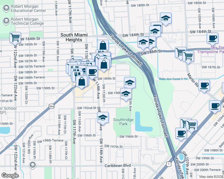 map of restaurants, bars, coffee shops, grocery stores, and more near 11275 Southwest 189th Lane in Miami
