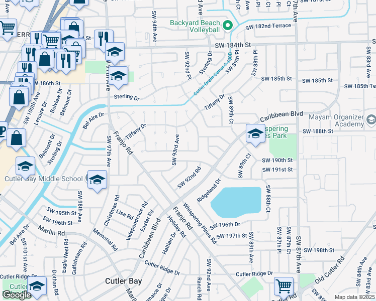 map of restaurants, bars, coffee shops, grocery stores, and more near 22768 Southwest 92nd Court in Miami