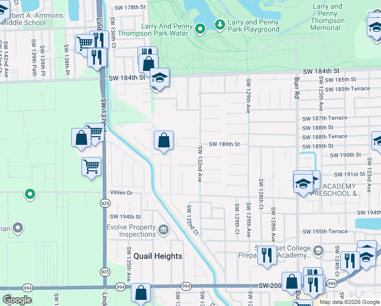 map of restaurants, bars, coffee shops, grocery stores, and more near 18900 Southwest 132nd Avenue in Miami