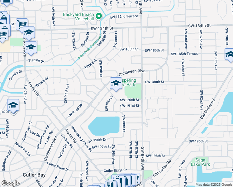 map of restaurants, bars, coffee shops, grocery stores, and more near 18929 Southwest 89th Road in Cutler Bay