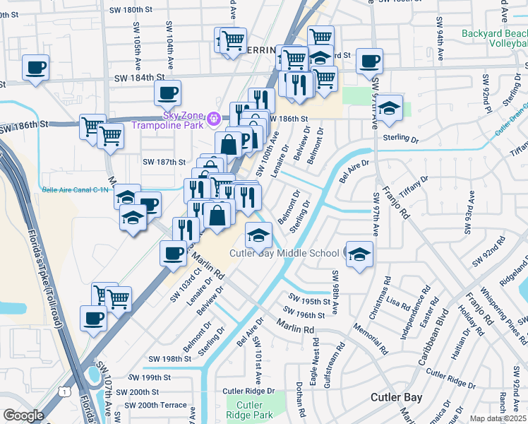 map of restaurants, bars, coffee shops, grocery stores, and more near 10101 Broad Channel Drive in Cutler Bay