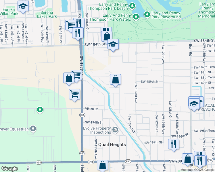 map of restaurants, bars, coffee shops, grocery stores, and more near 18701 Southwest 134th Avenue in Miami