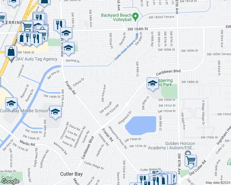 map of restaurants, bars, coffee shops, grocery stores, and more near 18930 Southwest 92nd Avenue in Cutler Bay
