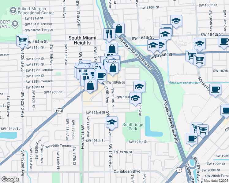 map of restaurants, bars, coffee shops, grocery stores, and more near 18925 Southwest 113th Place in Miami