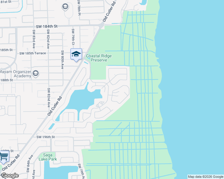 map of restaurants, bars, coffee shops, grocery stores, and more near 7626 Southwest 188th Lane in Cutler Bay