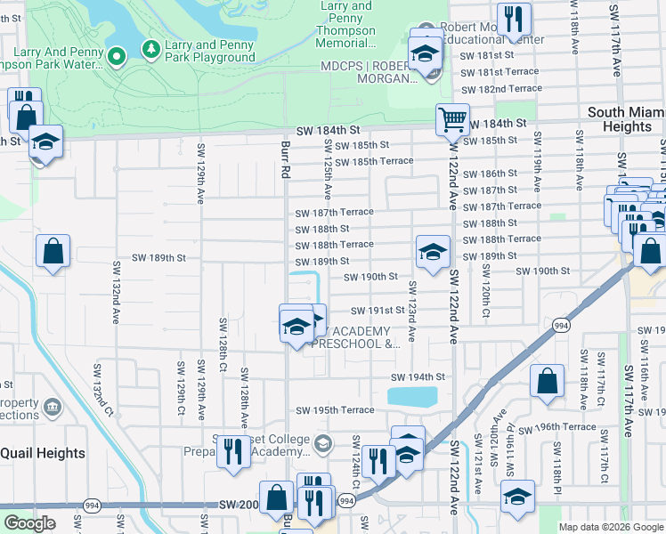 map of restaurants, bars, coffee shops, grocery stores, and more near 12525 Southwest 189th Street in Miami