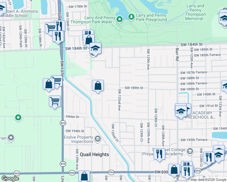 map of restaurants, bars, coffee shops, grocery stores, and more near 18900 Southwest 132nd Avenue in Miami