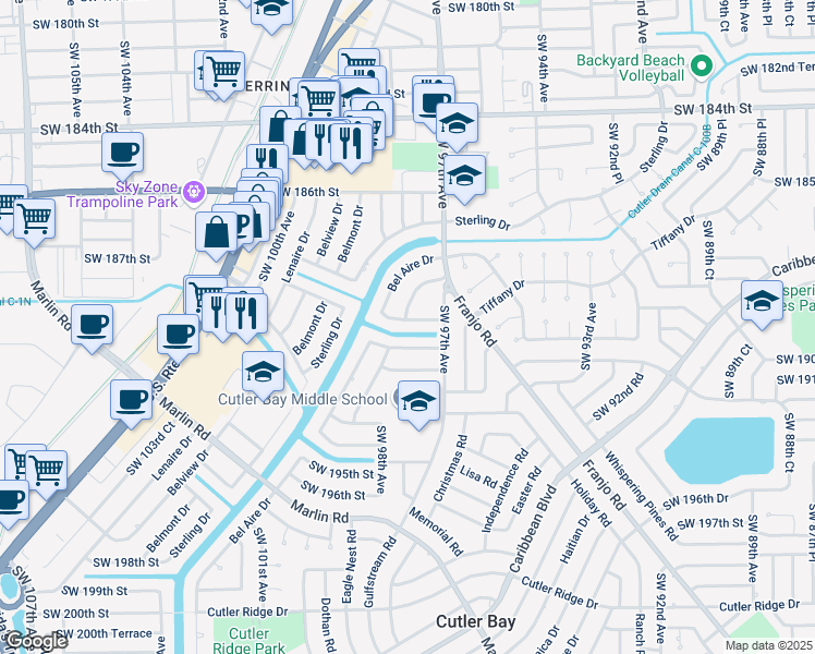 map of restaurants, bars, coffee shops, grocery stores, and more near 9730 Southwest 189th Street in Cutler Bay