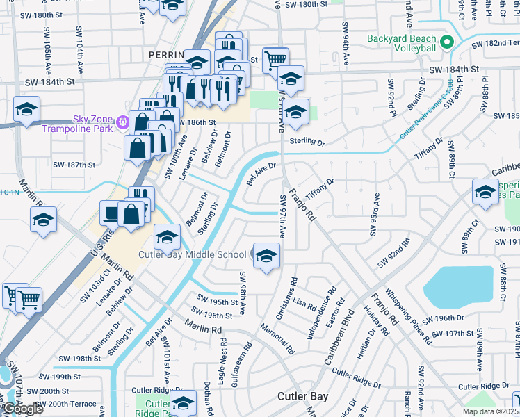 map of restaurants, bars, coffee shops, grocery stores, and more near 9730 Southwest 189th Street in Cutler Bay