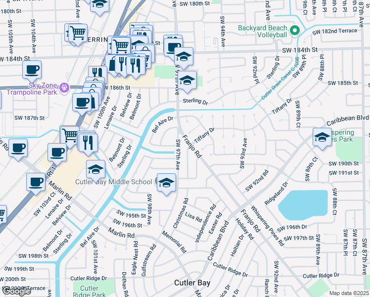 map of restaurants, bars, coffee shops, grocery stores, and more near 18910 Southwest 96th Avenue in Cutler Bay