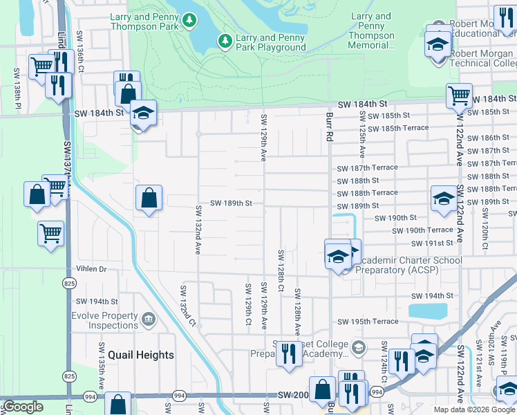 map of restaurants, bars, coffee shops, grocery stores, and more near 12900 Southwest 189th Street in Miami