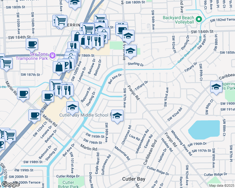 map of restaurants, bars, coffee shops, grocery stores, and more near 9730 Southwest 189th Street in Cutler Bay