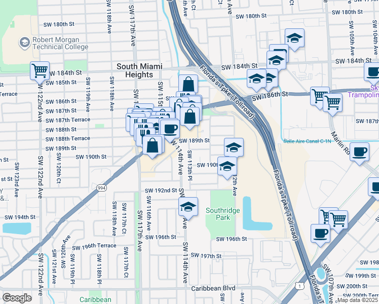 map of restaurants, bars, coffee shops, grocery stores, and more near 15627 Southwest 113th Place in Miami
