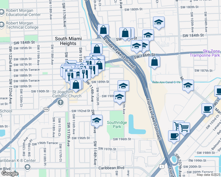 map of restaurants, bars, coffee shops, grocery stores, and more near 11275 Southwest 189th Lane in Miami