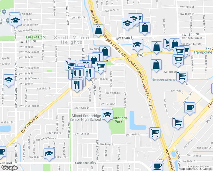 map of restaurants, bars, coffee shops, grocery stores, and more near 11324 Southwest 189th Terrace in Miami