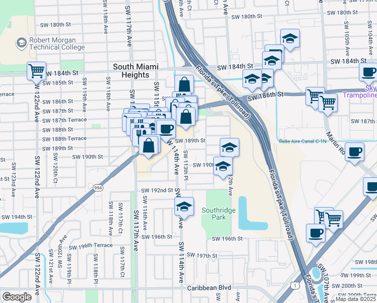map of restaurants, bars, coffee shops, grocery stores, and more near 18925 Southwest 113th Place in Miami